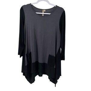 Comfy USA Medium Grey Black Colorblock Sharkbite Tunic Top 3/4‎ Sleeve Pockets